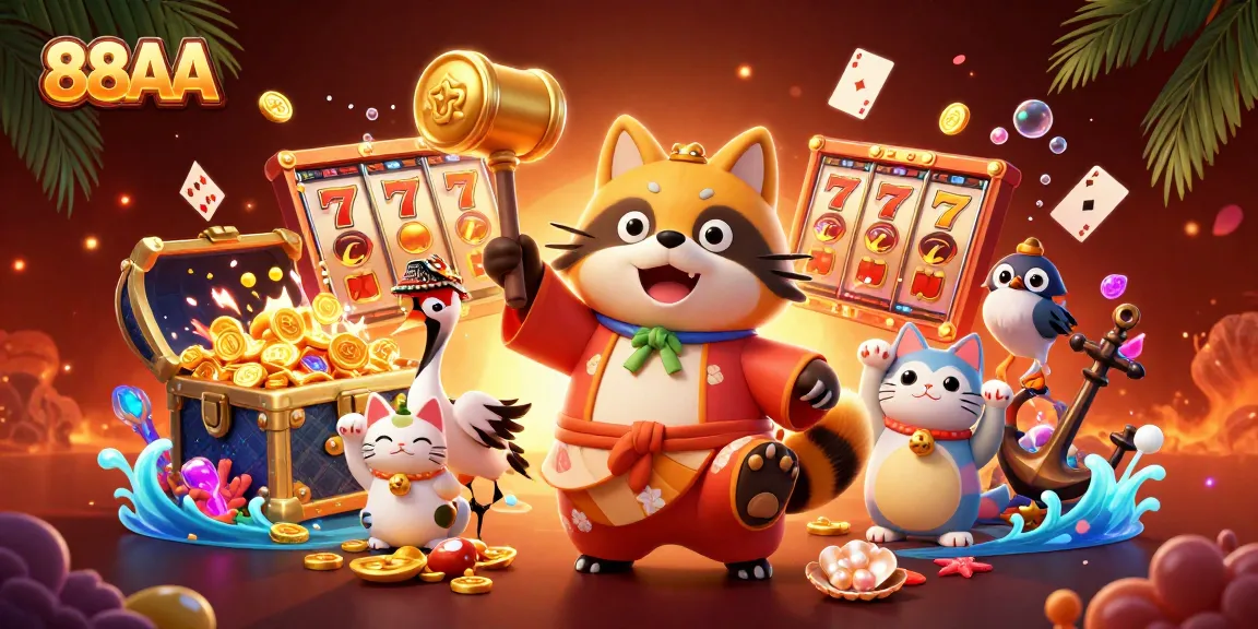 Experience winning opportunities at 88AA with colorful slot reels and lively gambling characters.