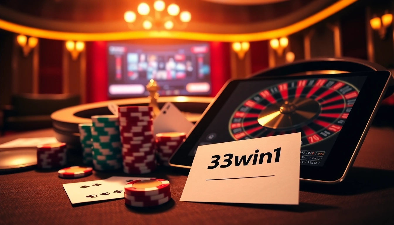 Engage with 33win1's thrilling casino experience featuring vibrant poker chips and roulette wheel.