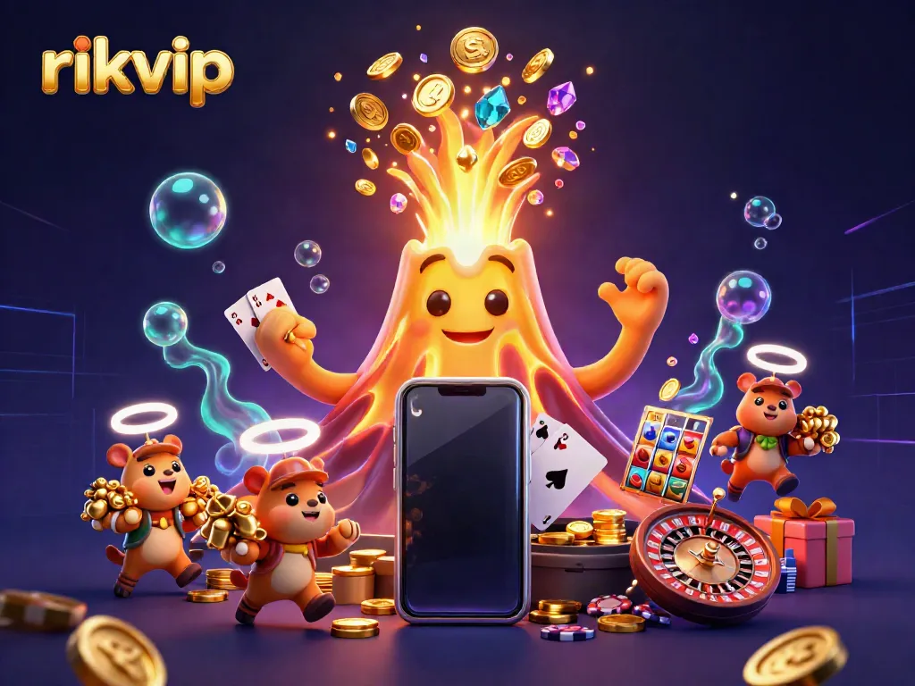 Experience the thrilling world of rikvip with a vibrant 3D casino illustration showcasing treasure and games.