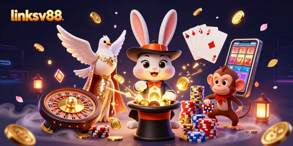 Engage in thrilling gaming with link sv88 as a magician pulls coins and cards in an exciting casino scene.