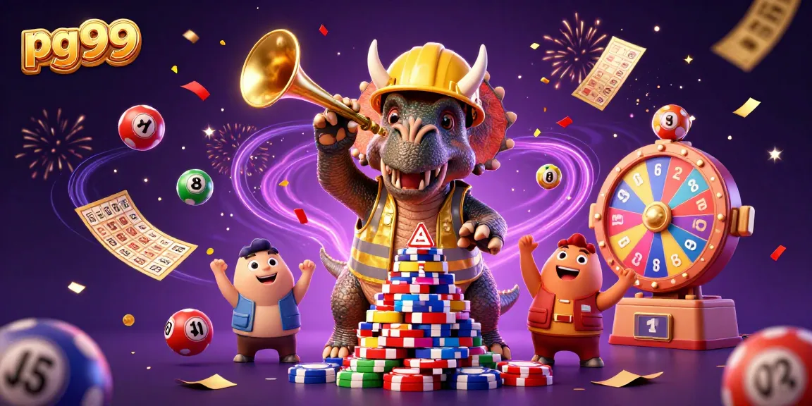 Celebrate big wins at pg99 with lively triceratops creating poker chip pyramids amidst colorful gaming elements.