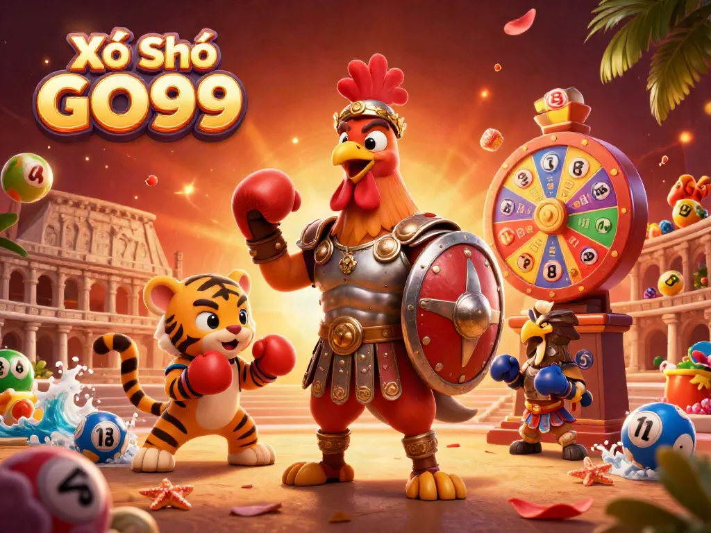 Experience the excitement of Xổ Số GO99 as you watch a thrilling lottery scene with dynamic characters and vivid elements.