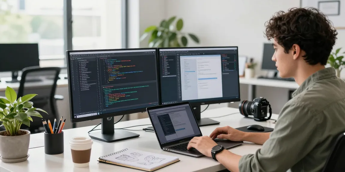 Download Telegram in a modern tech workspace with a programmer coding on dual monitors and vibrant office elements.