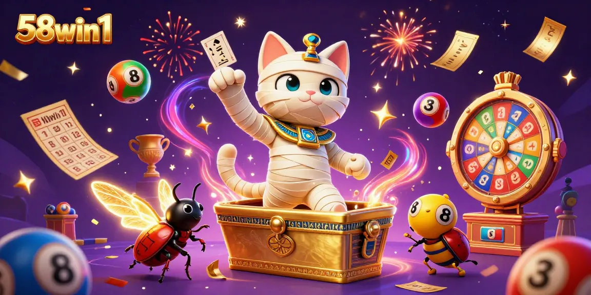 Spin to win with 58win1 as a cartoon mummy emerges in a vibrant casino scene filled with prizes.