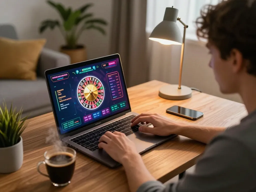 Engaging gameplay on tg88 trang chủ with a player focused on live roulette at home, laptop displaying colorful graphics.