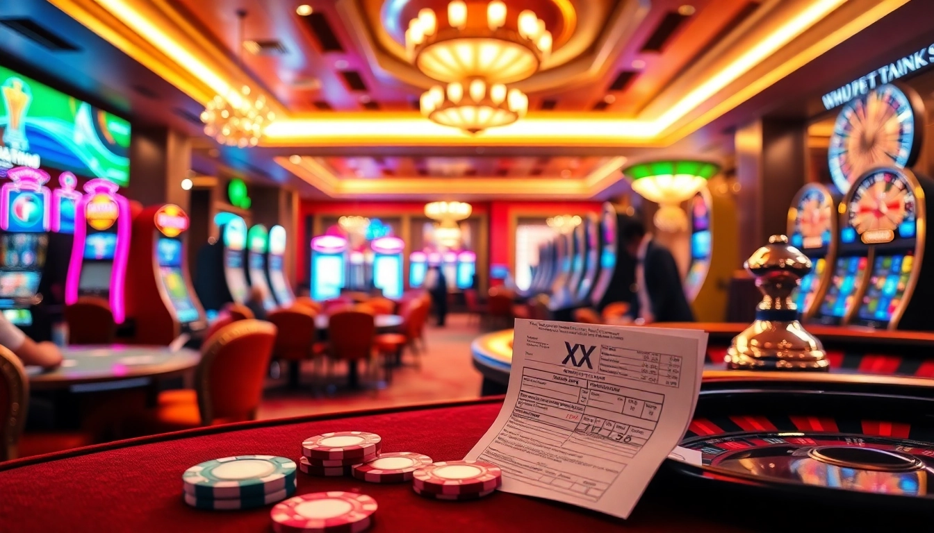 Engaging gamblers in a vibrant casino scene at XX88, featuring poker tables and colorful slot machines.