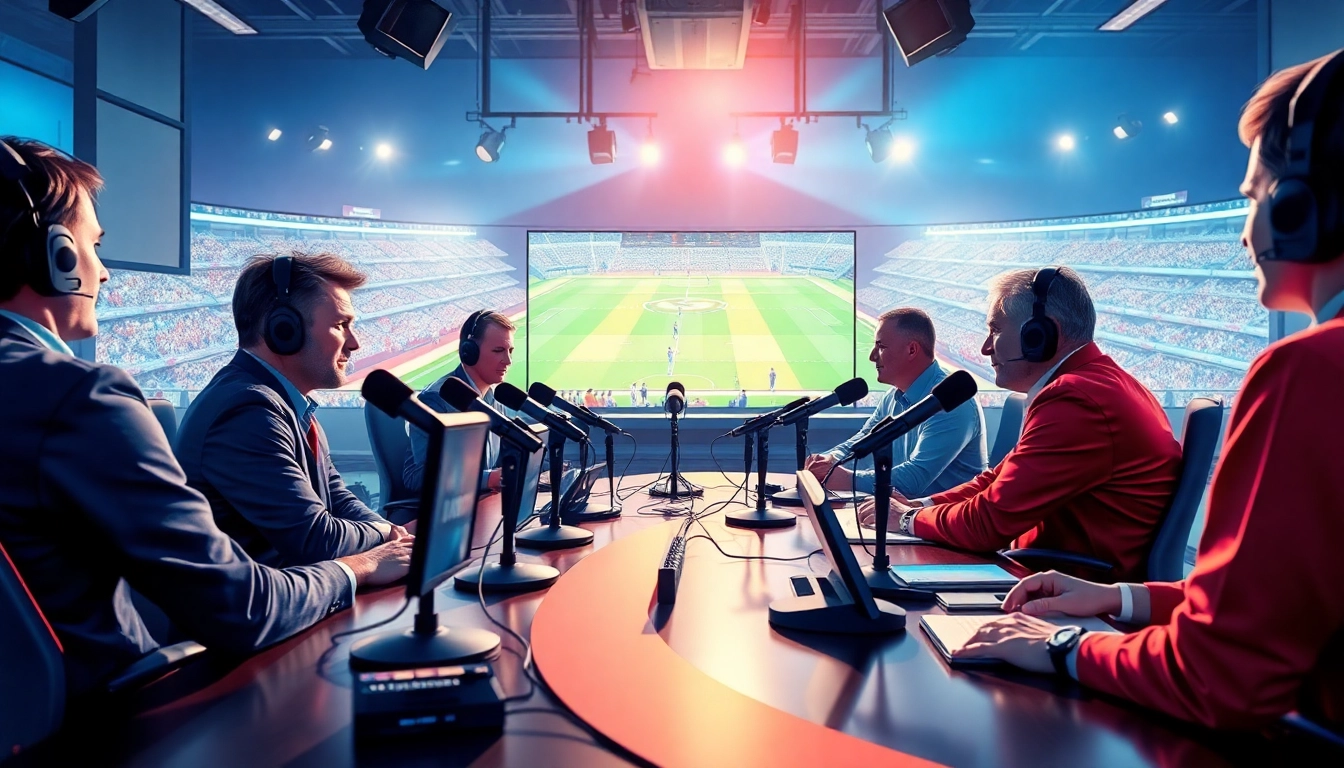 Engaging sports broadcasting scene featuring commentators at work with live event coverage.