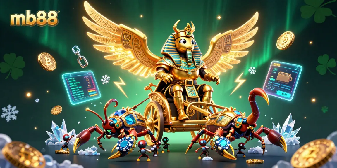 Spin and win with mb88 in a dazzling casino scene featuring golden scarabs and crypto coins.