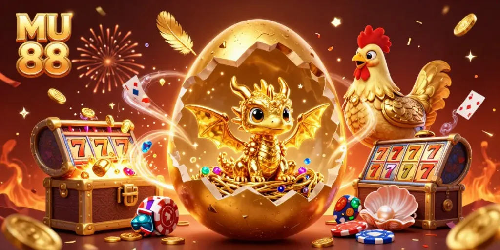 Experience the thrilling world of MU 88 with a 3D illustration of a golden dragon and poker symbols, showcasing the excitement of online gambling.