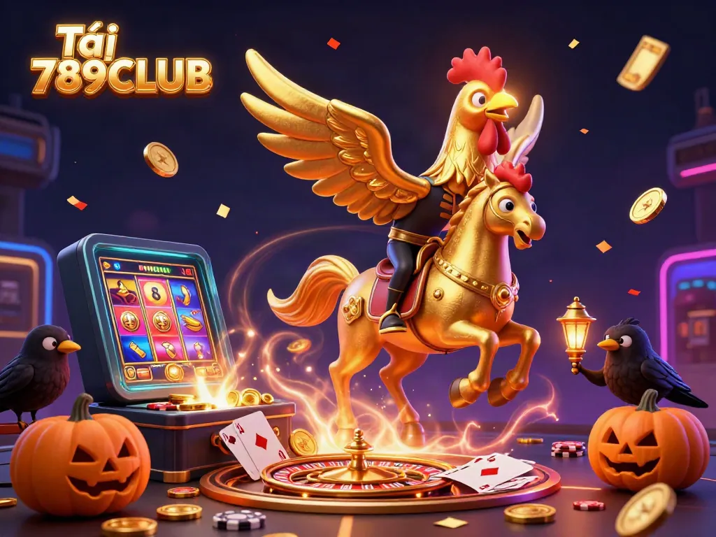 Tải 789CLUB features a golden rooster and crows in a casino scene with lively games.