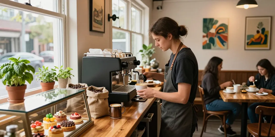 Cozy café atmosphere at https://hm88.cafe/ with barista making latte art and colorful pastries displayed.