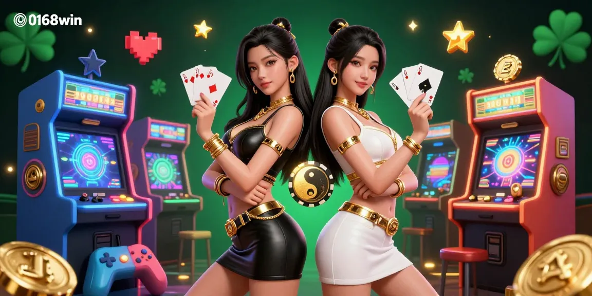 Experience the excitement of 0168win with stunning twin Asian women showcasing their talents in this vibrant casino scene.