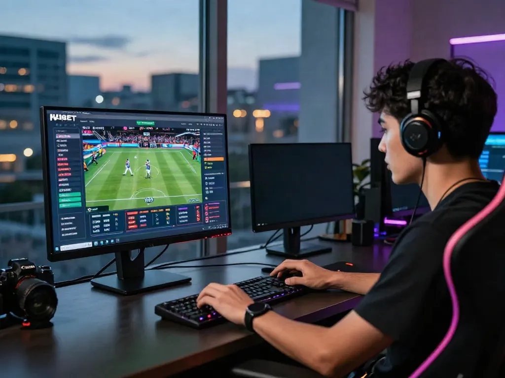 Exciting online gaming scene with a player engaged in sports betting on NBET platform.