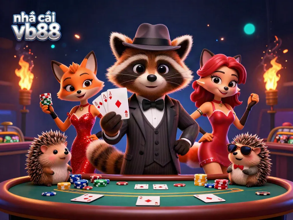 Engage with nhà cái vb88 as a suave raccoon showcases a royal flush in a lively casino environment.