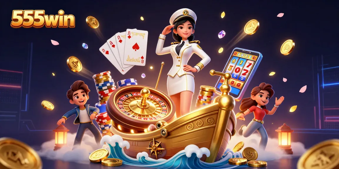 Engage with 555win for thrilling online gaming, surrounded by a dazzling array of casino elements.
