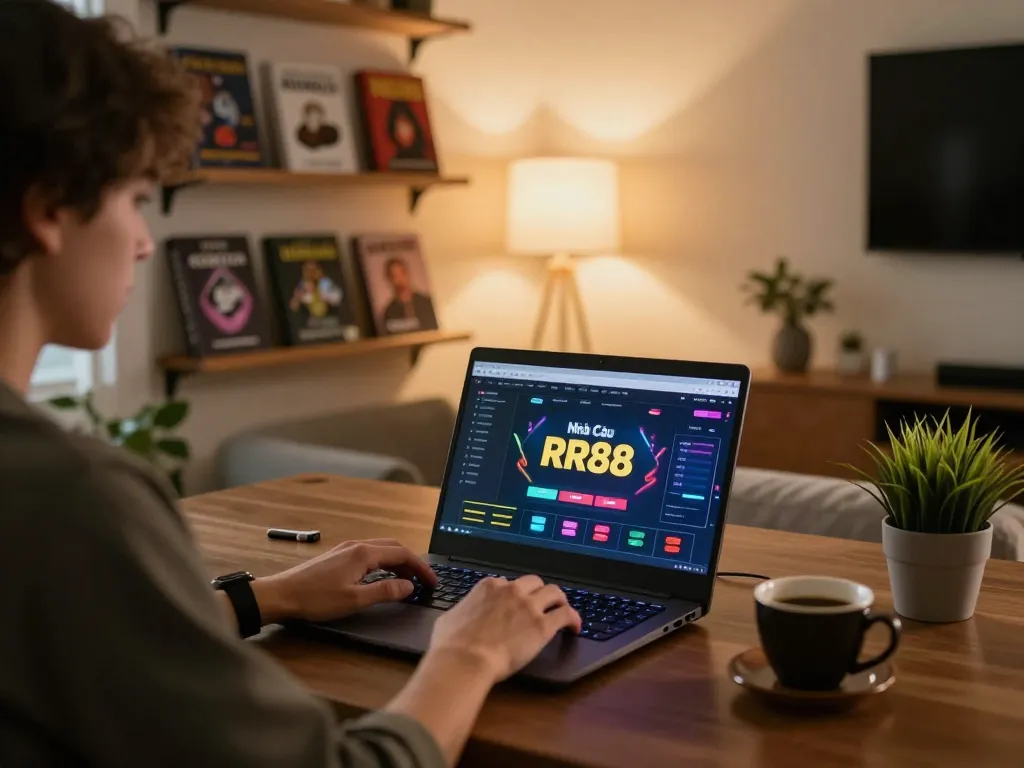 Engaging scene of a player immersed in Nhà Cái RR88 online gaming, showcasing a cozy atmosphere with strategy materials.