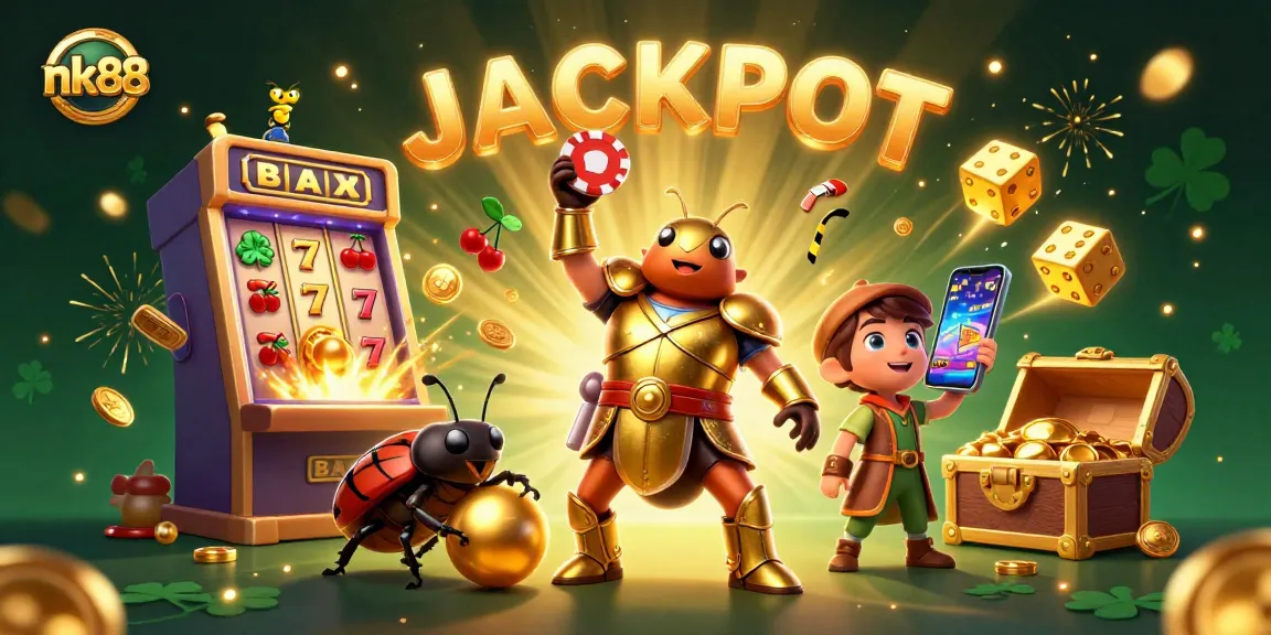 Join the excitement at nk88 with a jackpot celebration featuring winning beetles, golden treasures, and casino fun.