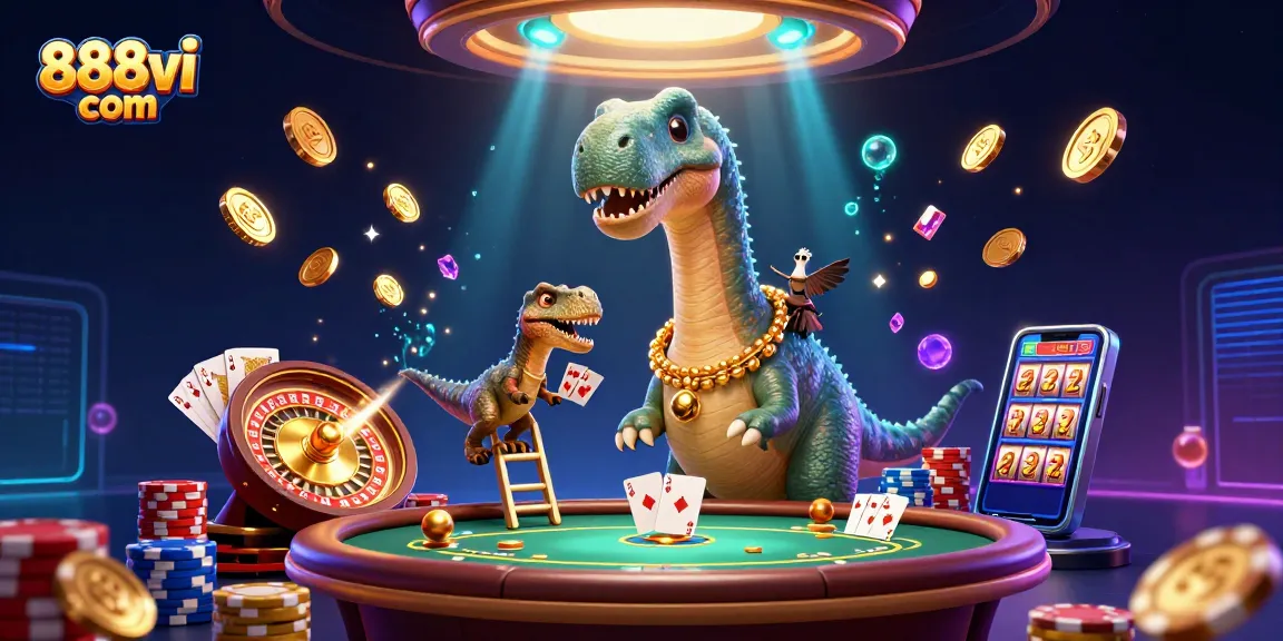 Experience the thrill of 888vi com with a captivating casino scene featuring a brontosaurus and raptor!