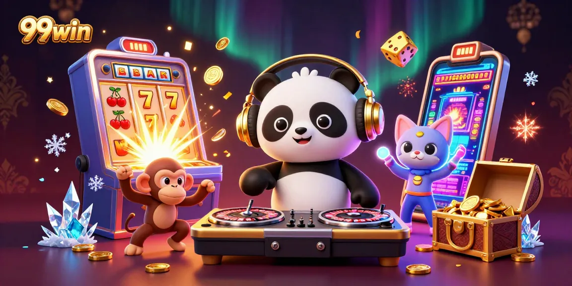 Experience thrilling gameplay with 99win's vibrant casino illustration, featuring DJ panda and dynamic game elements.