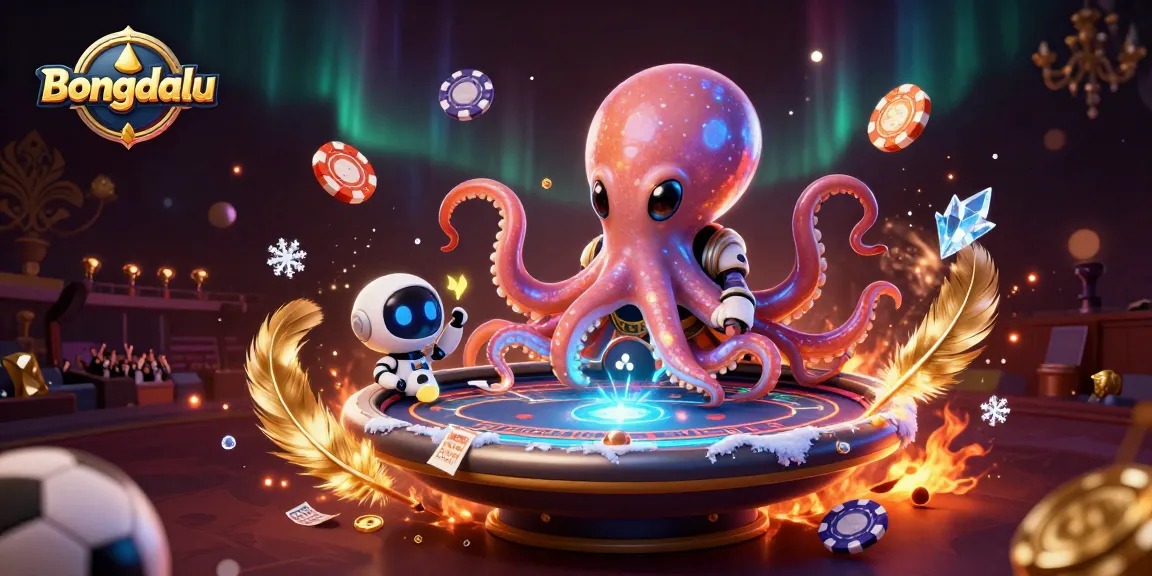Bongdalu features an exciting alien octopus playing poker with vibrant sports-themed elements in a dazzling scene.
