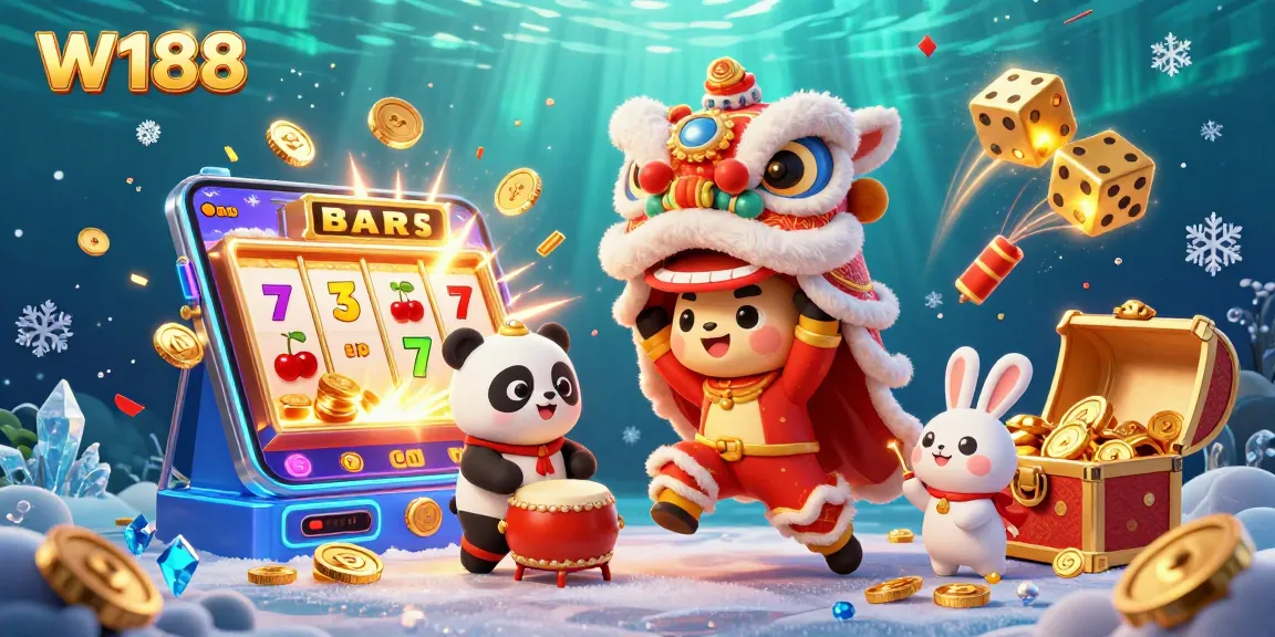 Engage in thrilling slots at W188 with a lively lion dance and jackpot celebration setting.