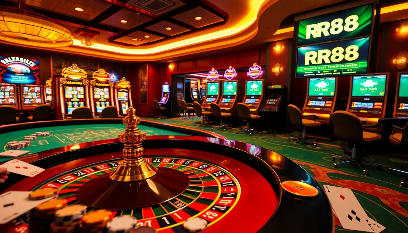 RR88 players engaging in thrilling casino action at a roulette table, surrounded by vibrant slot machines.