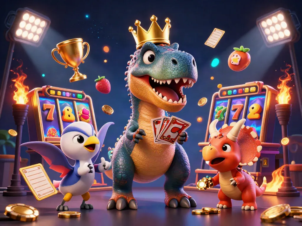 Engaging DN 88 casino illustration featuring T-Rex shuffling cards and stacking chips with vibrant slot elements.