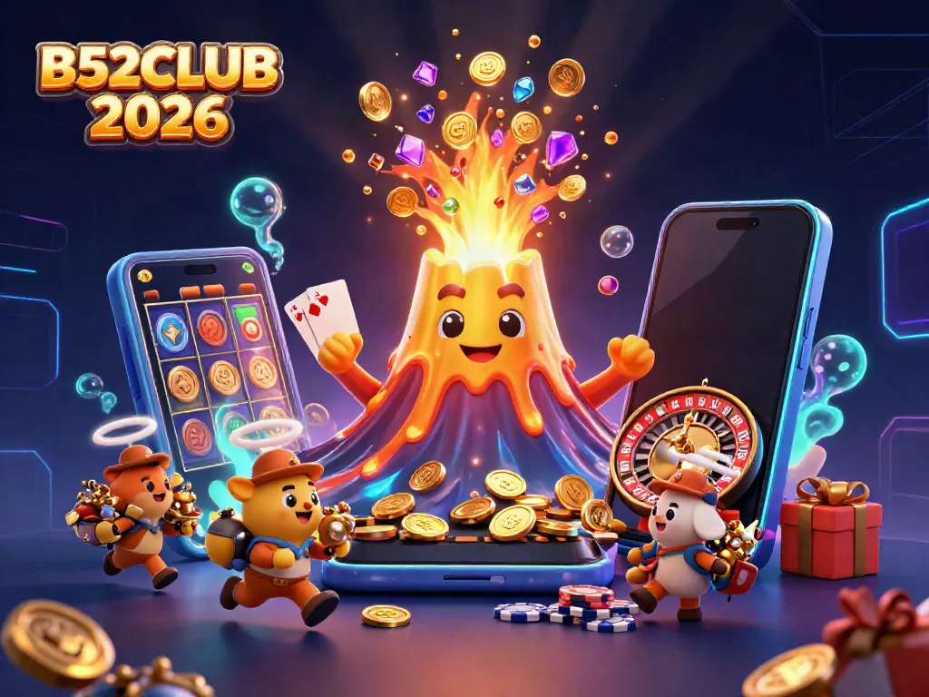 Experience the thrill of B52CLUB 2026 with this vibrant casino scene featuring a golden volcano and treasure hunters.