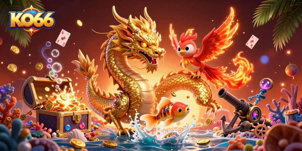 KO66 offers thrilling gaming adventures featuring a golden dragon, phoenix, and koi fish amidst treasure.