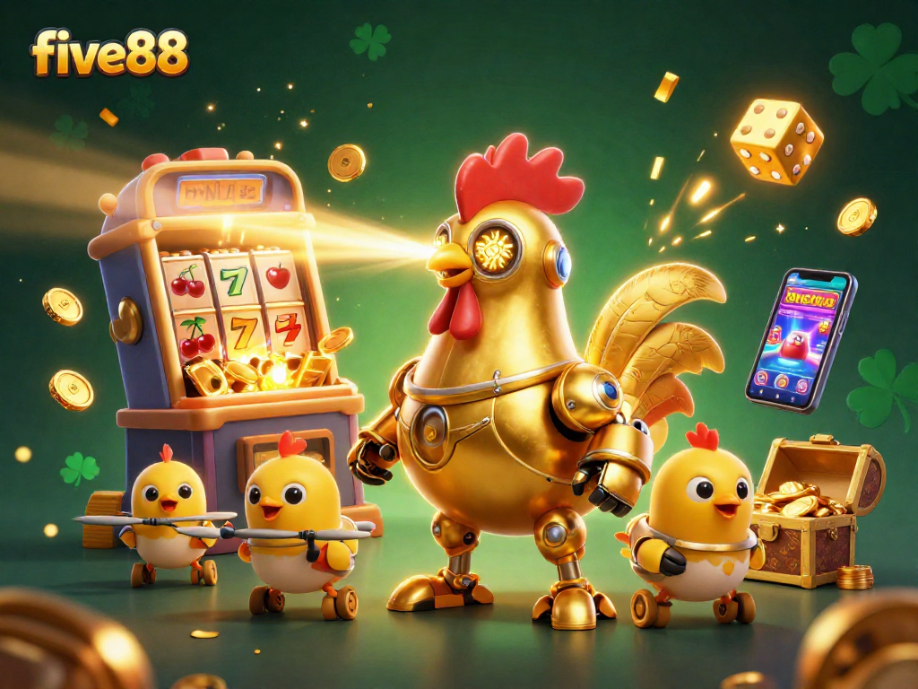 Experience the excitement of five88 with a vibrant 3D scene of a golden rooster robot and baby chick drones among casino elements.