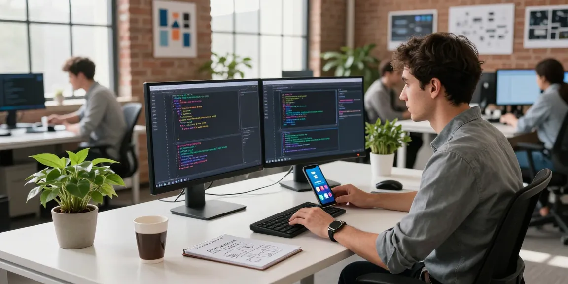 Developer coding Telegram Chinese app interface in a modern workspace