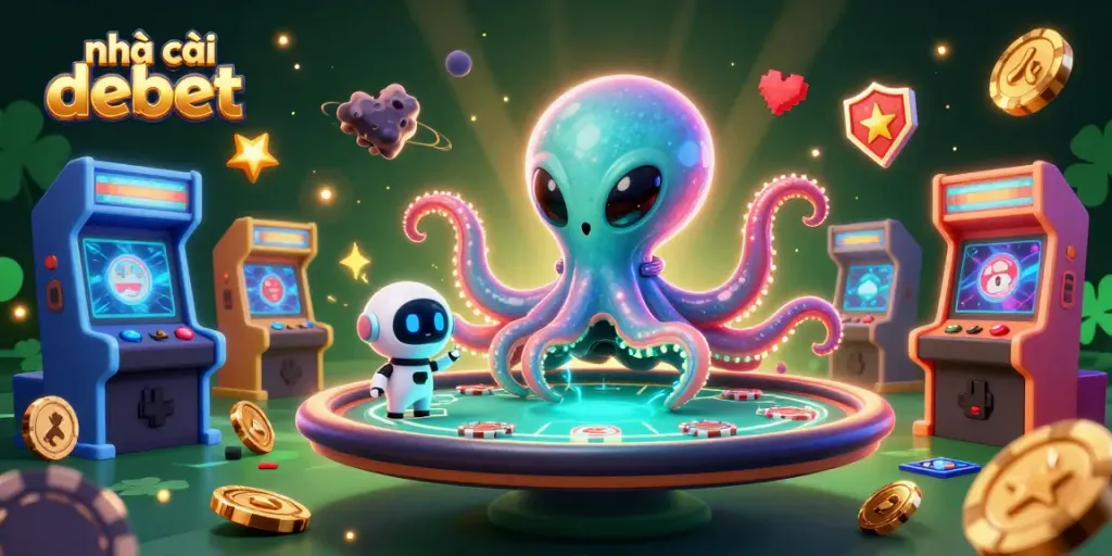 Play at nhà cái debet with a lively alien octopus, poker chips, and dynamic casino elements.