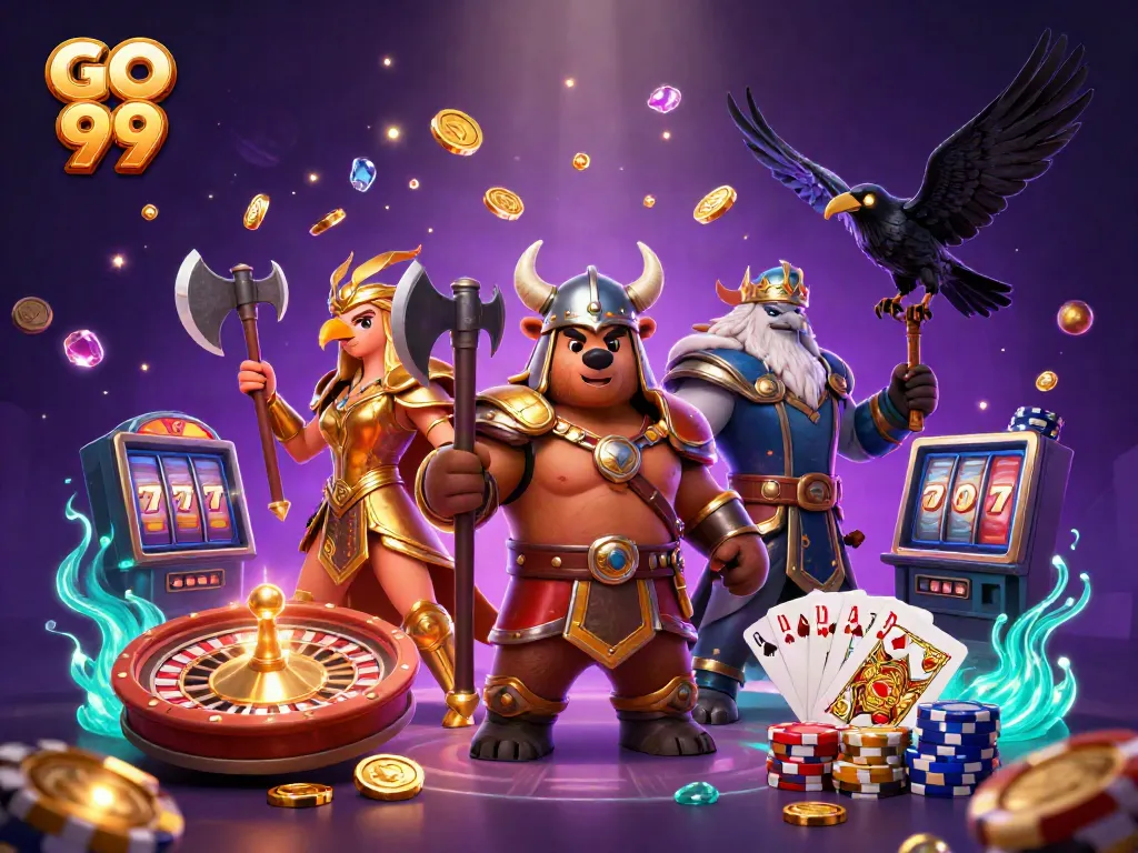 Engage in the thrilling world of GO 99 with a dynamic cartoon bear and Valkyrie amidst golden coins and gaming action.