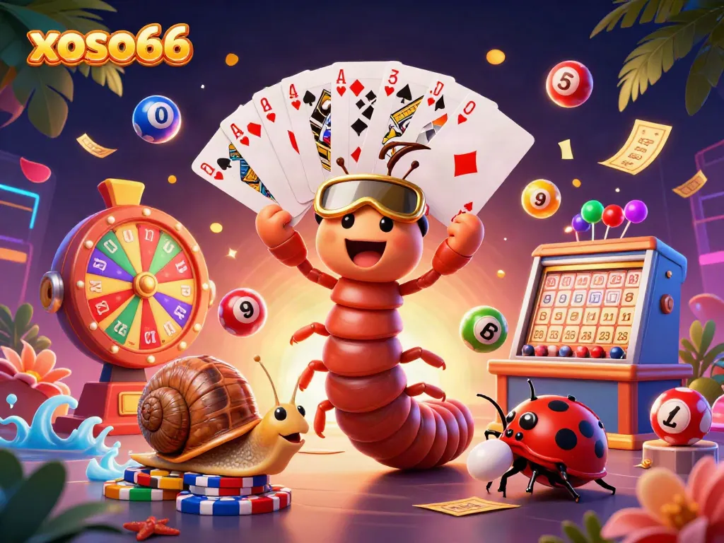 Experience thrilling games at xoso66 with a vibrant illustration of a millipede dealer and colorful lottery elements.
