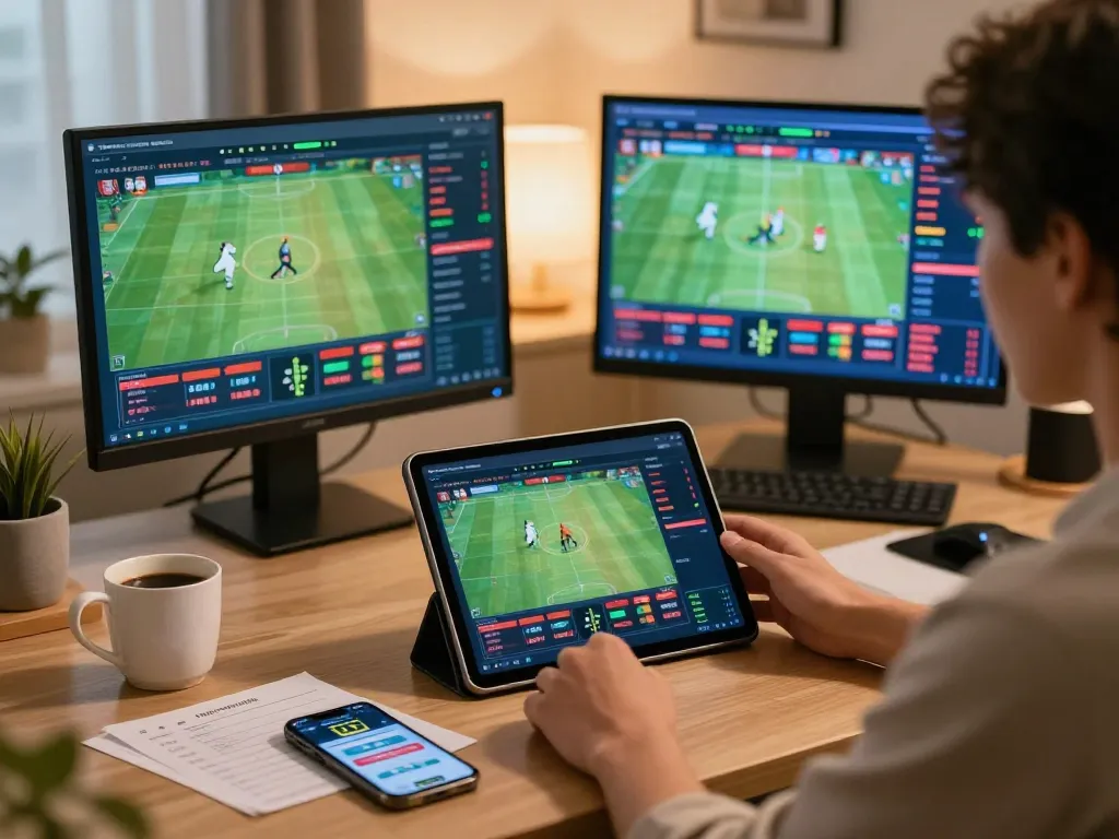 Engaging in đá gà trực tiếp on a tablet while tracking live matches in a stylish home office.