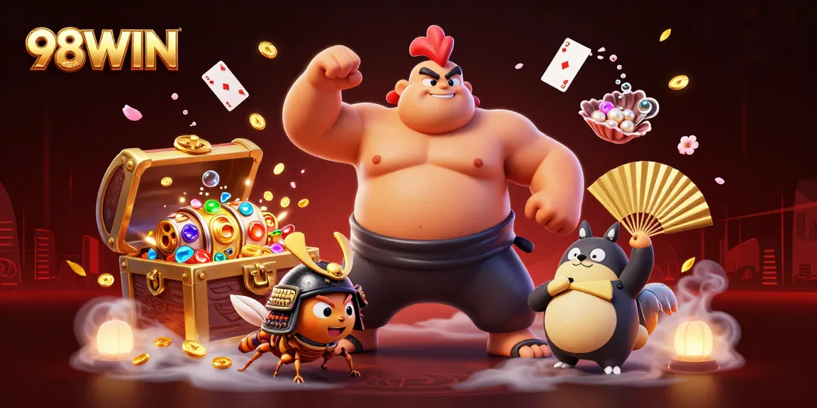 Experience immersive 98WIN gaming with a lively sumo wrestler rooster and fierce samurai cricket.