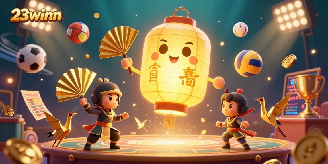 Experience the wonders of 23winn with a glowing lantern spirit and dynamic sports elements in a captivating casino scene.