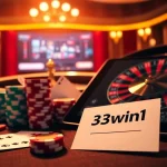 Engage with 33win1's thrilling casino experience featuring vibrant poker chips and roulette wheel.