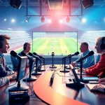 Engaging sports broadcasting scene featuring commentators at work with live event coverage.