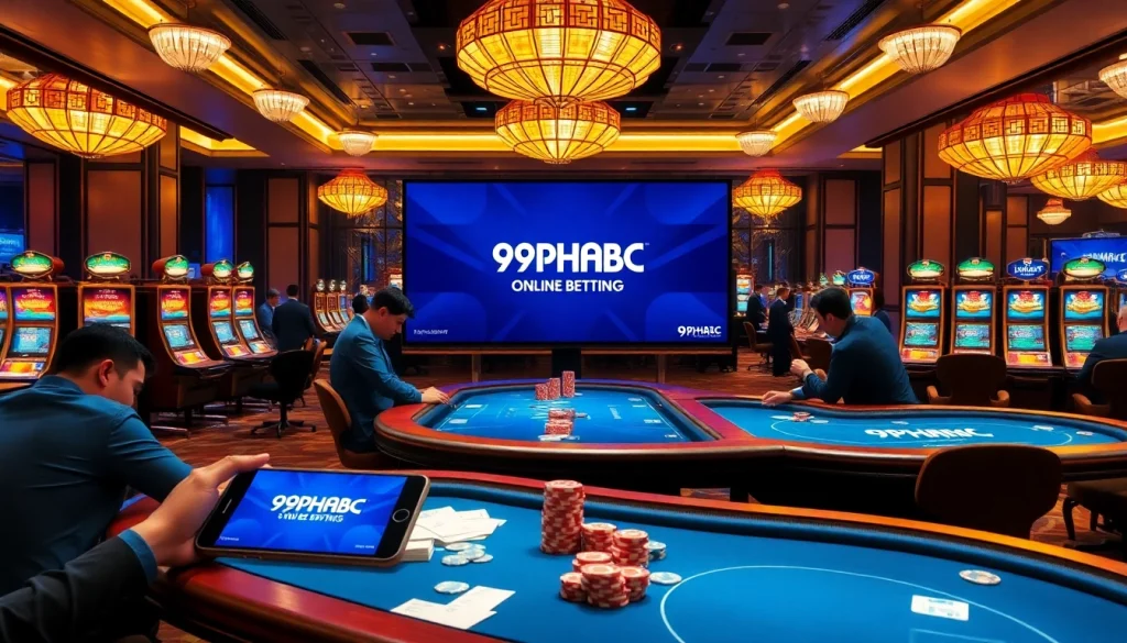 Experience high-stakes gaming action at 9phabc, featuring poker tables and online betting interfaces.