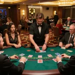 CM88 players enjoying an intense blackjack game surrounded by a vibrant casino atmosphere.