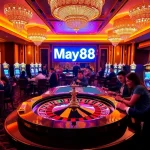 Players enjoying high-stakes excitement at May88 casino tables with vibrant roulette and slots.