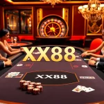 Experience the excitement of XX88 at a luxurious casino gaming table with vibrant poker chips and cards.