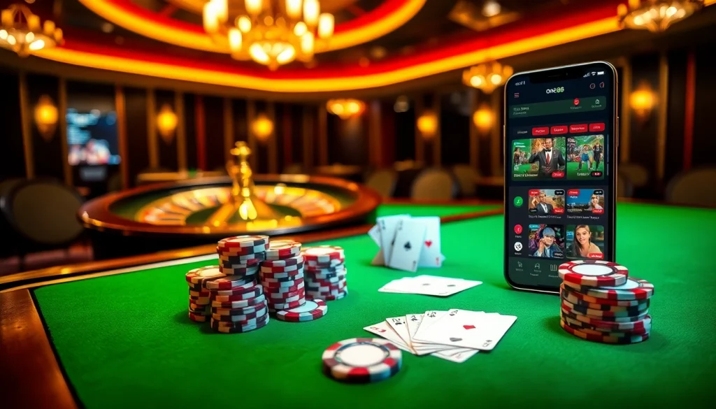 Experience winning hands with the one88 app amid a vibrant casino ambiance filled with poker chips and roulette wheels.