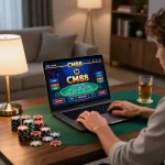Engaging player experiencing CM88 online casino gaming with vibrant game interface at home
