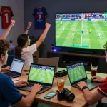 Friends enjoying a football match while following kèo nhà cái updates on laptops and smartphones.