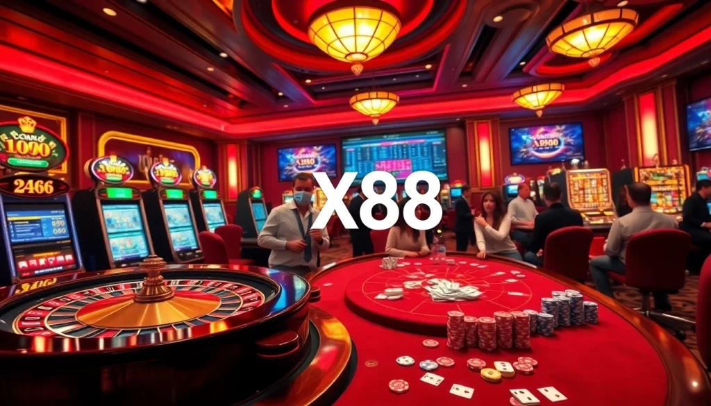 Engage with the thrilling atmosphere of XX88 casino featuring vibrant gaming interfaces and a roulette wheel.