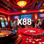 Engage with the thrilling atmosphere of XX88 casino featuring vibrant gaming interfaces and a roulette wheel.