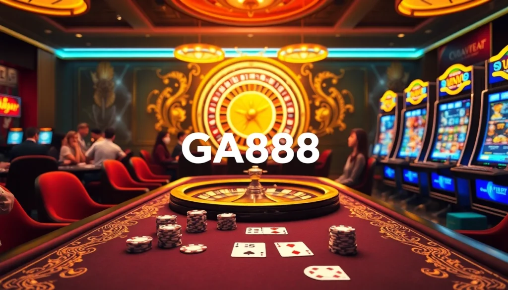 Experience the thrill of GA888 with an elite casino scene featuring poker tables and slot machines.