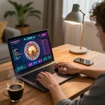 Engaging gameplay on tg88 trang chá»§ with a player focused on live roulette at home, laptop displaying colorful graphics.